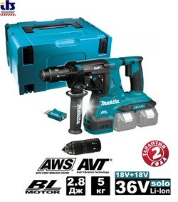 Перфоратор аккумуляторный Makita DHR283ZJU (б\щ SDS+,36В д\2-х акк 18В,Li-ion,3реж,2.8Дж,0-5000у\м, AVT, AWS,Bluetooth модуль, 5.0кг,подсв,б\акк и з\у, Кейс MakPAc, б\съемн пат) (DHR 283 ZJU)