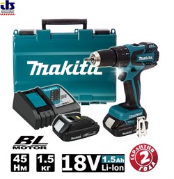 Дрель-шуруповерт ударная аккумуляторная Makita DHP459SYE (б\щет,18В,2х1.5АчLi-ion,БЗП-13мм,0-400\1500об\м,45\25Нм,1.5кг,чем,бок рук,совмест с 4АчLi-ion) (DHP 459 SYE)