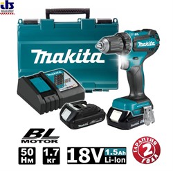 Дрель-шуруповерт аккумуляторная Makita DDF485SYE в чем. (18.0 В, 2 акк., 1.5 А/ч Li-Ion, 2 скор., 50 Нм, шурупы до 10 мм) (DDF 485 SYE) - фото 86509