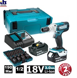 Гайковерт аккумуляторный (уд.) Makita DTW190JX3 (18В, 2х3Ач, 0-3000у\м, 190Нм, квадр1\2", 1.4кг, подсв, М8-М16, Makpac(тип 2)) - фото 87774