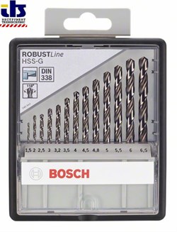 Набор из 13 свёрл по металлу Bosch Robust Line HSS-G, 118&#176; 1,5; 2; 2,5; 3; 3,2; 3,5; 4; 4,5; 4,8; 5; 5,5; 6; 6,5 mm, 118&#176; [2607010537]