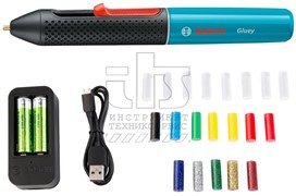 Клеевой пистолет BOSCH Gluey Lagoon Blue (цвет корпуса голубой)Клеевая ручка; USB-кабель; Зарядное USB-устройство; 2 аккумуляторные батареи 1,2 В HR06 (AA); 8 прозрачных клеевых стержней; 7 цветных клеевых стержней; 5 блестящих клеевых стержней;  150°С